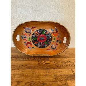 Vintage MCM, Mexican Batea Hand-Carved Folk Art Toile , Hand Painted Wooden Tray